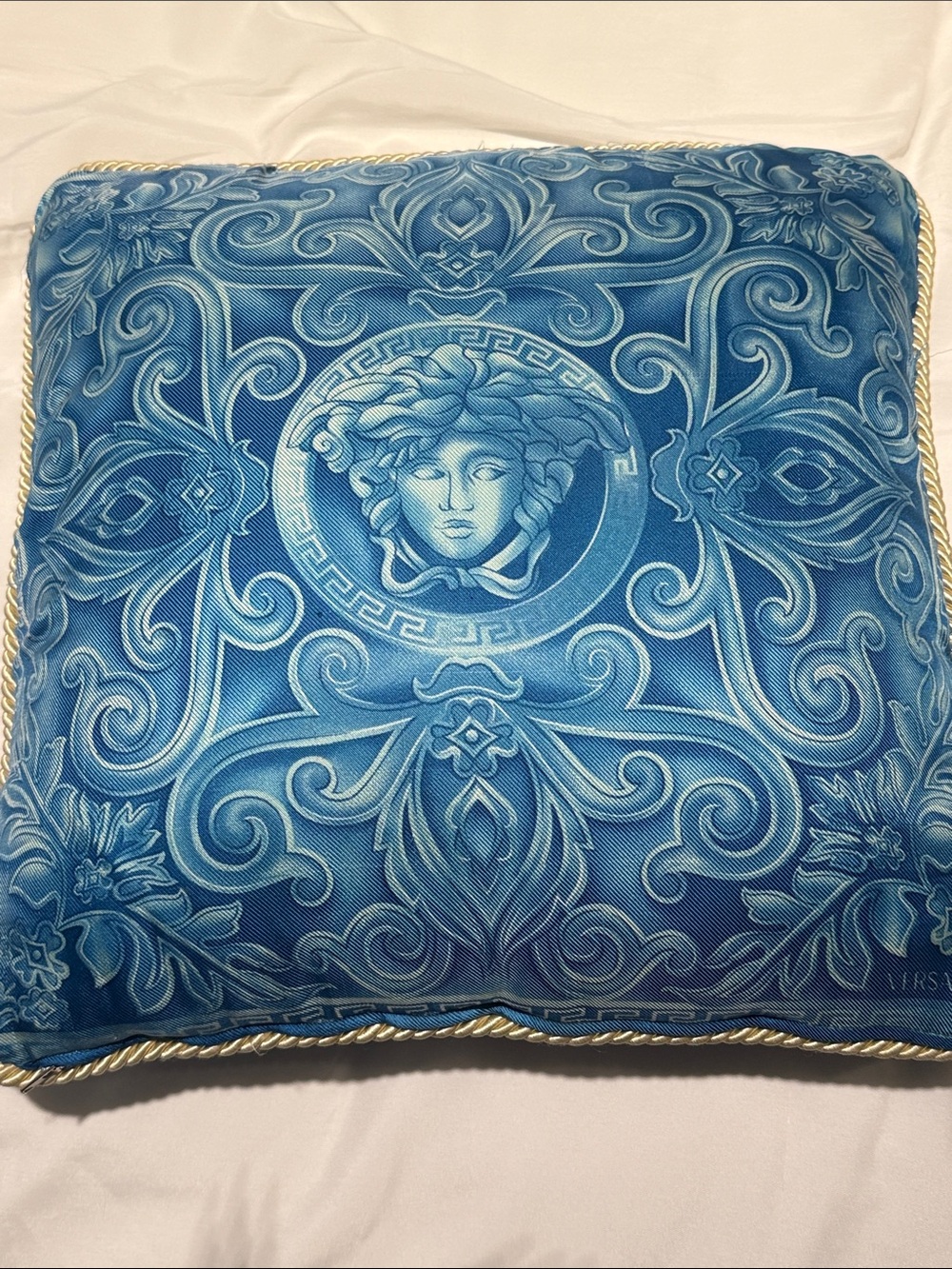 Versace Blue Medusa Baroque Throw Pillow with Gold Trim